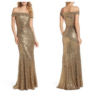 BADGLEY MISCHKA Gold Sequin Off Shoulder Mermaid Evening Gown 8